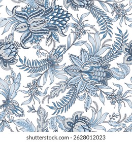 Elegant Blue and Gray Floral Print Seamless Pattern