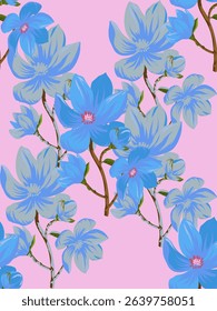 Elegant blue and gray flowers bloom across a soft pink background. A stylish floral pattern ideal for fashion, stationery, packaging, and digital designs with a touch of charm.