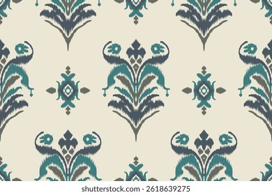 Elegant blue green ikat seamless pattern with ethnic floral ornamental motifs, ideal for textile prints, fashion fabrics, home decor, wallpapers, craft projects, and digital backgrounds.