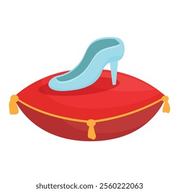 Elegant blue high heel shoe lying on red velvet pillow with golden tassels