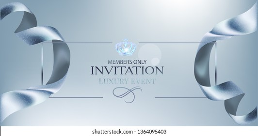 Elegant blue invitation card with curly beautiful ribbon. Vector illustration