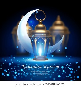 Elegant blue Islamic lantern and crescent moon with shimmering light background. suitable for Ramadan, Raya Hari, Eid al Adha Islamic holiday