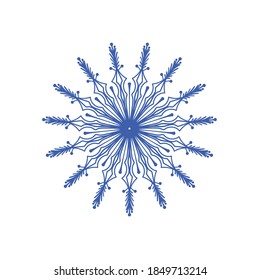 Elegant blue lacy vector snowflake on white backgrund.