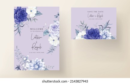 Elegant Blue Navy And Purple Watercolor Floral Wedding Invitation Card Set