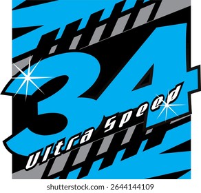 Elegante blaue Zahl 34 Vektor, Ultra-Speed-Text, 3D-Design.