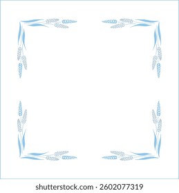 Elegant blue ornamental frame with cereal spikelets, wheat ears, decorative border, corners for greeting cards, banners, business cards, invitations, menus. Isolated vector illustration.	
