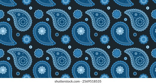 Elegant blue paisley pattern on dark background.  Perfect for textile designs, wallpaper, or website backgrounds.  A sophisticated and stylish repeating design with intricate detailing.