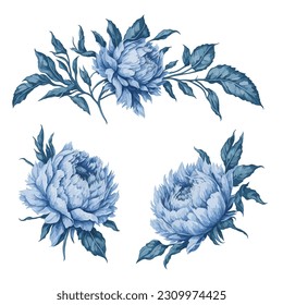 Elegant Blue Peonies Watercolor Floral Collection.