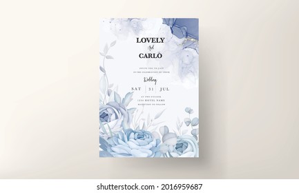 Elegant blue peony flower and leaves wedding invitation card design