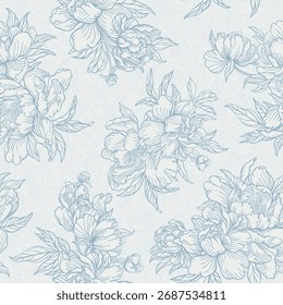 Elegante patrón de peonía azul con delicado arte lineal sobre un fondo suave. Florece flores y hojas en una repetición sin fisuras.