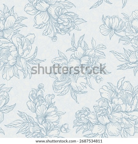 Elegant blue peony pattern with delicate line art on a soft background. Blooming flowers and leaves in a seamless repeat.