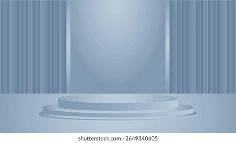 Elegant blue podium background featuring round stage and vertical striped wall ideal for product showcases, presentations, banners, posters, and digital display design projects