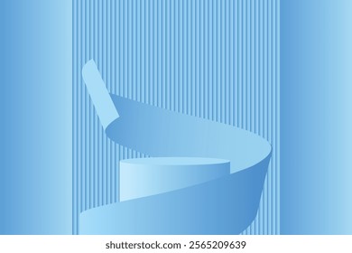 Elegant blue podium with curved ribbon on striped background. Minimalist luxury design concept. Vector illustration