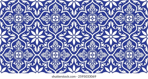 Elegant Blue pottery floral damask pattern on royal blue background, great for luxurious packaging. interior, textile, cloth, fabric, wallpaper, tiles, warping, paerp, print, design projects backgroun