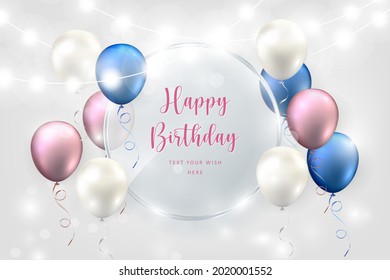 Elegant Blue Purple Pink White Balloon And Decorative Lighting Chains Round Transparent Glass Plate Happy Birthday Celebration Card Banner Template