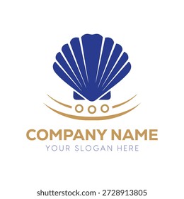 Elegante Plantilla azul con el logotipo de la concha de la vieira con perlas doradas y líneas onduladas para la marca corporativa
