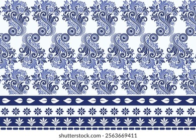 elegant blue seamless floral pattern with vintage arabesque border for bohemian textile prints and summer wallpaper design