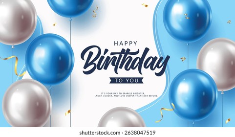 Elegant blue and silver balloon birthday card clipart design. Stylish birthday greeting with metallic balloons and confetti vector illustration.