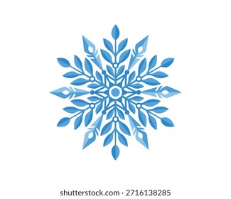 Elegant blue snowflake with leaf-inspired geometric symmetry, clean vector style, symbolizing winter, nature, balance, and calm