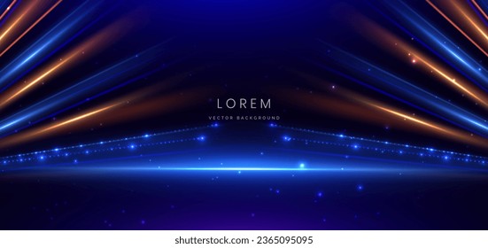 Elegant blue stage background with blue dot neon line and lighting effect sparkle. Luxury template award design. Vector illustration