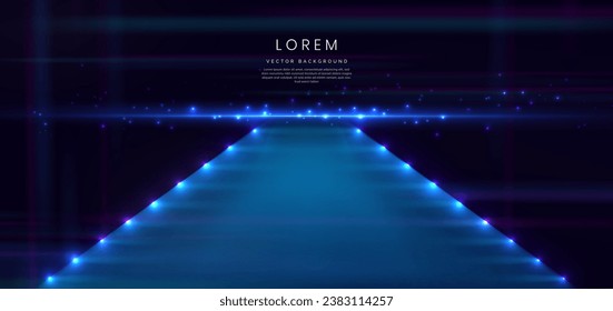 Elegant blue stage background with blue dot neon line and lighting effect sparkle. Luxury template award design. Vector illustration