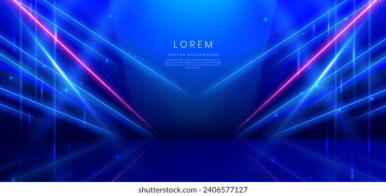 Elegant blue stage background with blue dot neon line and lighting effect sparkle. Luxury template award design. Vector illustration