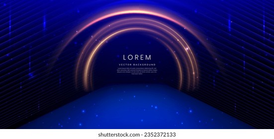 Elegant blue stage background with golden line curved and lighting effect sparkle. Luxury template award design. Vector illustration