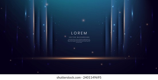 Elegant blue stage with gold vertical glowing lighting effect and sparkle. Template premium award design. Vector illustration