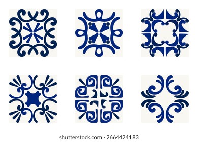Elegant blue tile patterns with symmetrical floral and geometric motifs, inspired by Mediterranean and Moroccan designs. Perfect for backgrounds, prints, wallpapers, and surface decoration.

