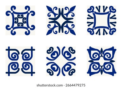 Padrões elegantes de azulejos azuis com motivos florais e geométricos simétricos, inspirados em desenhos mediterrânicos e marroquinos. Perfeito para fundos, impressões, papéis de parede e decoração de superfície.

