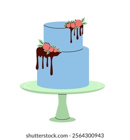 Elegant blue two-tier cake with chocolate drizzle and floral decoration on stand