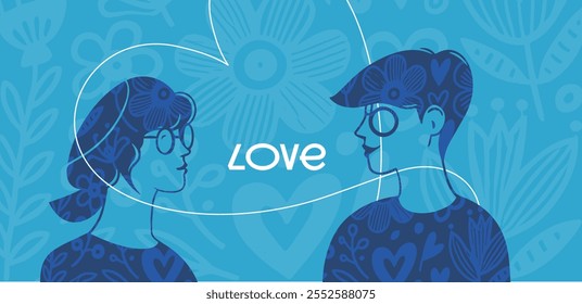 Elegant blue Valentine's Day design showcasing a couple with glasses and floral patterns, intertwined with a heart and clean typography.