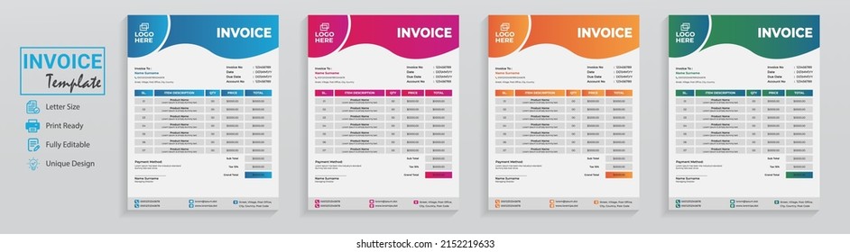 Elegant blue vector invoice templates design for corporate grocery super shop as receipt payment bill