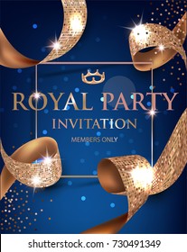 Elegant blue vip invitation card with gold textured curled gold ribbons. Vector illustration