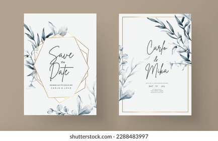 elegant blue watercolor leaves wedding invitation card