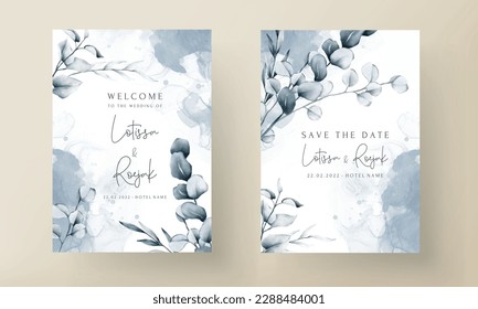 elegant blue watercolor leaves wedding invitation card