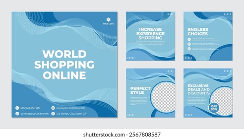 Elegant blue wave background social media template, online shopping, shopping online store, social media marketing, online store, internet marketing online, internet store.