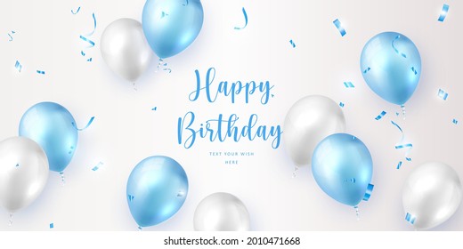 Elegant Blue White Balloon And Party Propper Ribbon Happy Birthday Celebration Card Banner Template Background