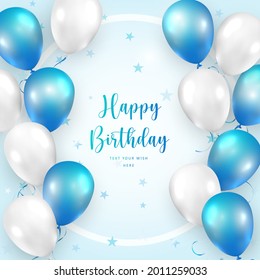 Elegant blue white balloon and ribbon Happy Birthday celebration card banner template star pattern background