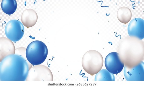 Elegant blue white balloons and party confetti ribbon,  for happy Birthday celebration card banner template background