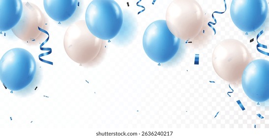 Elegant blue white balloons and party confetti ribbon, for happy Birthday celebration card banner template background