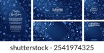 Elegant Blue and White Christmas Season Template Designs with copy space. Merry Christmas Greeting Cards and layouts in vertical poster, banner, and square format. Hand drawn christmas doodles. Vector