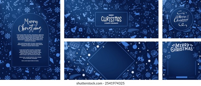 Elegant Blue and White Christmas Season Template Designs with copy space. Merry Christmas Greeting Cards and layouts in vertical poster, banner, and square format. Hand drawn christmas doodles. Vector