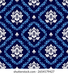 Elegant Blue and White Damask Floral Pattern - Seamless Vintage Textile Design  is perfect for luxury wallpapers, fabric prints, digital backgrounds, and ornamental decor with a timeless, royal touch.