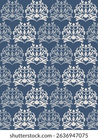 Elegant blue and white damask seamless pattern featuring intricate floral motifs. Ideal for classic wallpaper, fabric design, vintage stationery, and luxury product packaging.