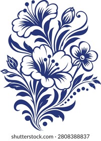 Elegant Blue and White Floral Vector Art, Porcelain Style Flower Ornament, Traditional Gzhel Style Flower Bouquet Vector, Vintage Blue Floral Motif, Chinoiserie Style Blue Flower Pattern Element.