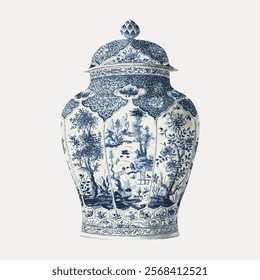 Elegant blue and white porcelain vase with intricate floral and landscape designs. The porcelain vase showcases traditional craftsmanship and artistic detail. Vintage art drawing illustration vector.