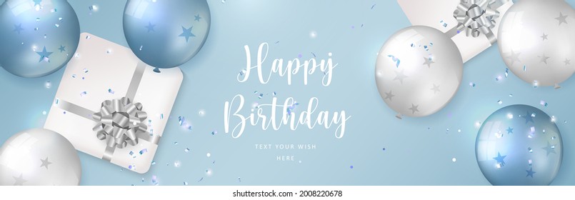 Elegant blue white silver balloon and present gift box with flower ribbon Happy Birthday celebration card banner template background