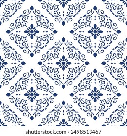 "Elegante patrón de azulejo azul y blanco con intrincados motivos florales. Perfecto para crear un aspecto clásico y sofisticado en la decoración del hogar, textiles y papelería.