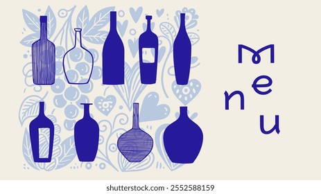 Elegante design de vinho azul com contornos de garrafa arrojados e padrões decorativos, adequado para cartazes de vinícolas criativos, menus elegantes e banners festivos.